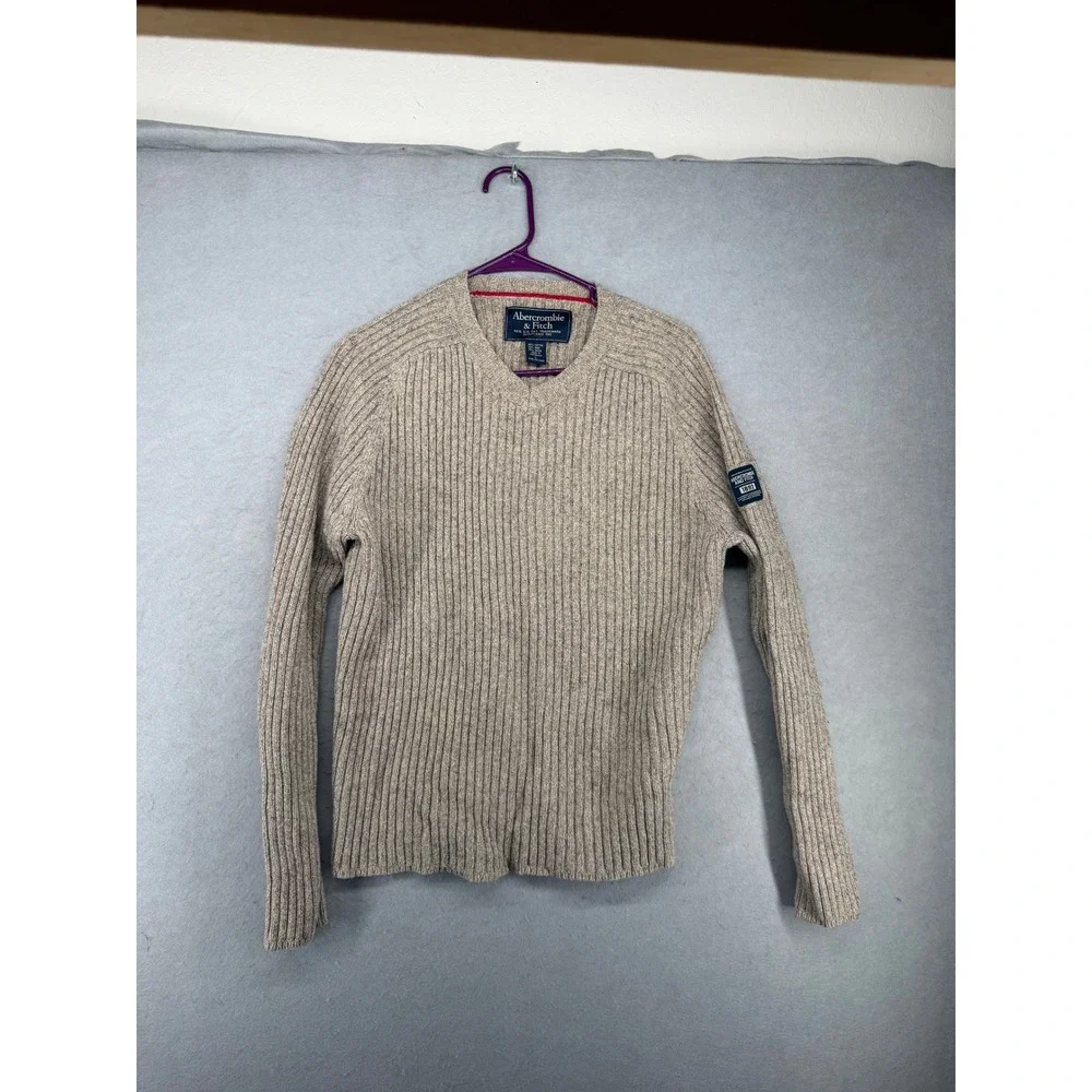 Abercrombie & Fitch Mens V-Neck Ribbed Wool Blend Sweater Oatmeal Large